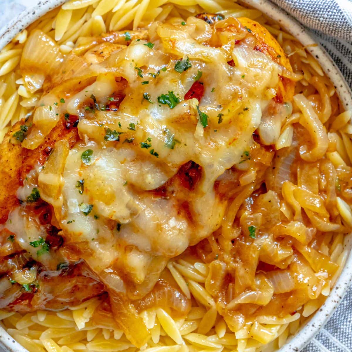 picture of chicken breast with melted cheese and browned french onions