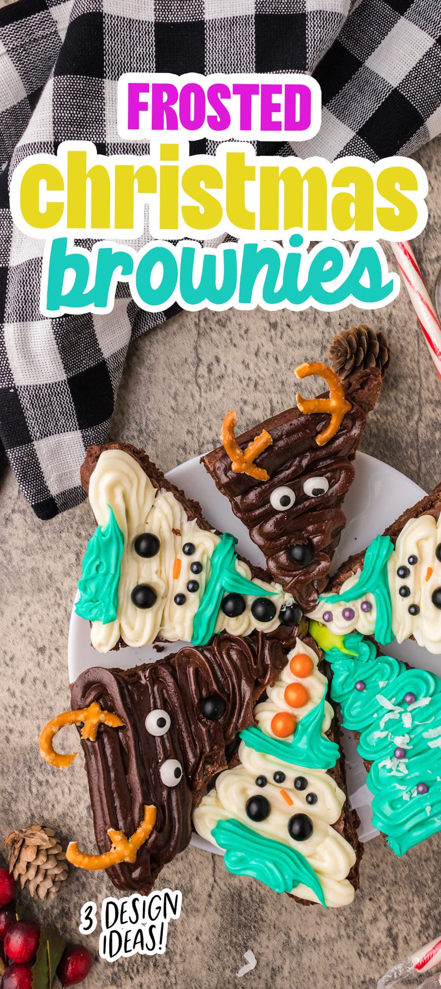 picture of brownies frosted to look like snowmen, christmas trees, and reindeer on a plate on a table