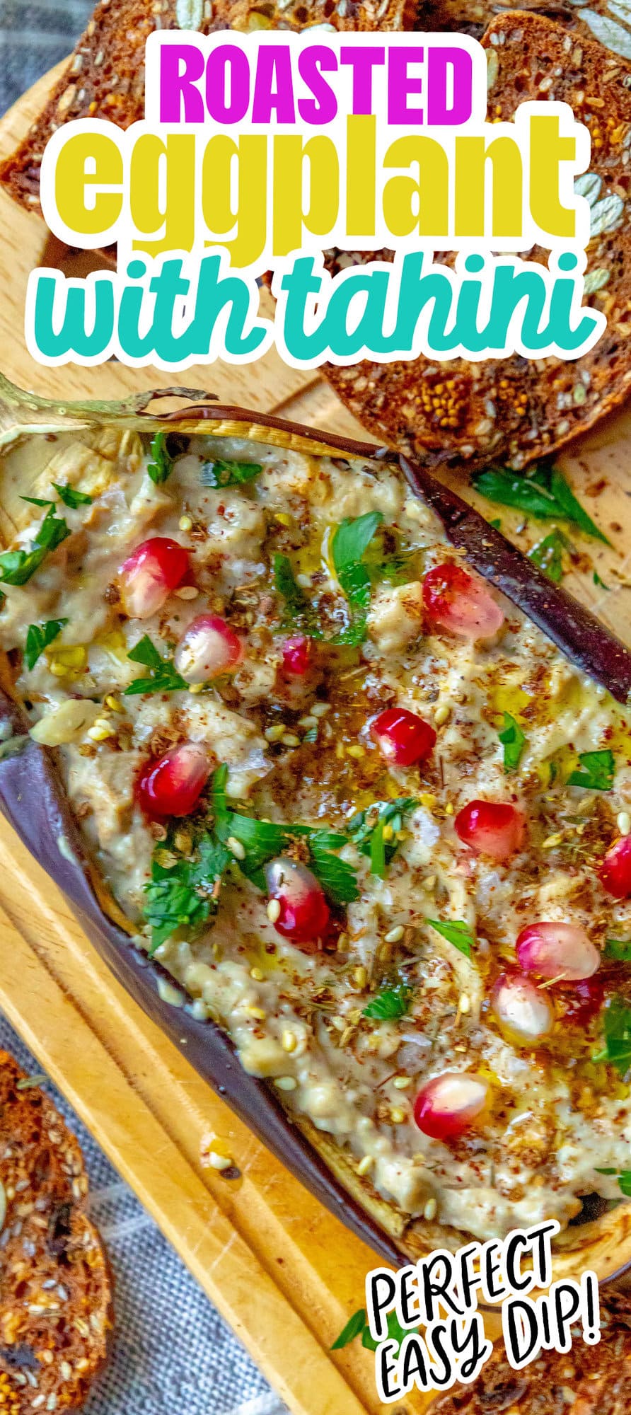 picture of roasted eggplant with tahini and pomegranates and cilantro