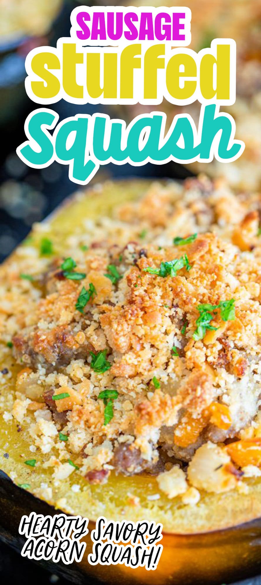 baked acorn squash stuffed with sausage and breadcrumbs
