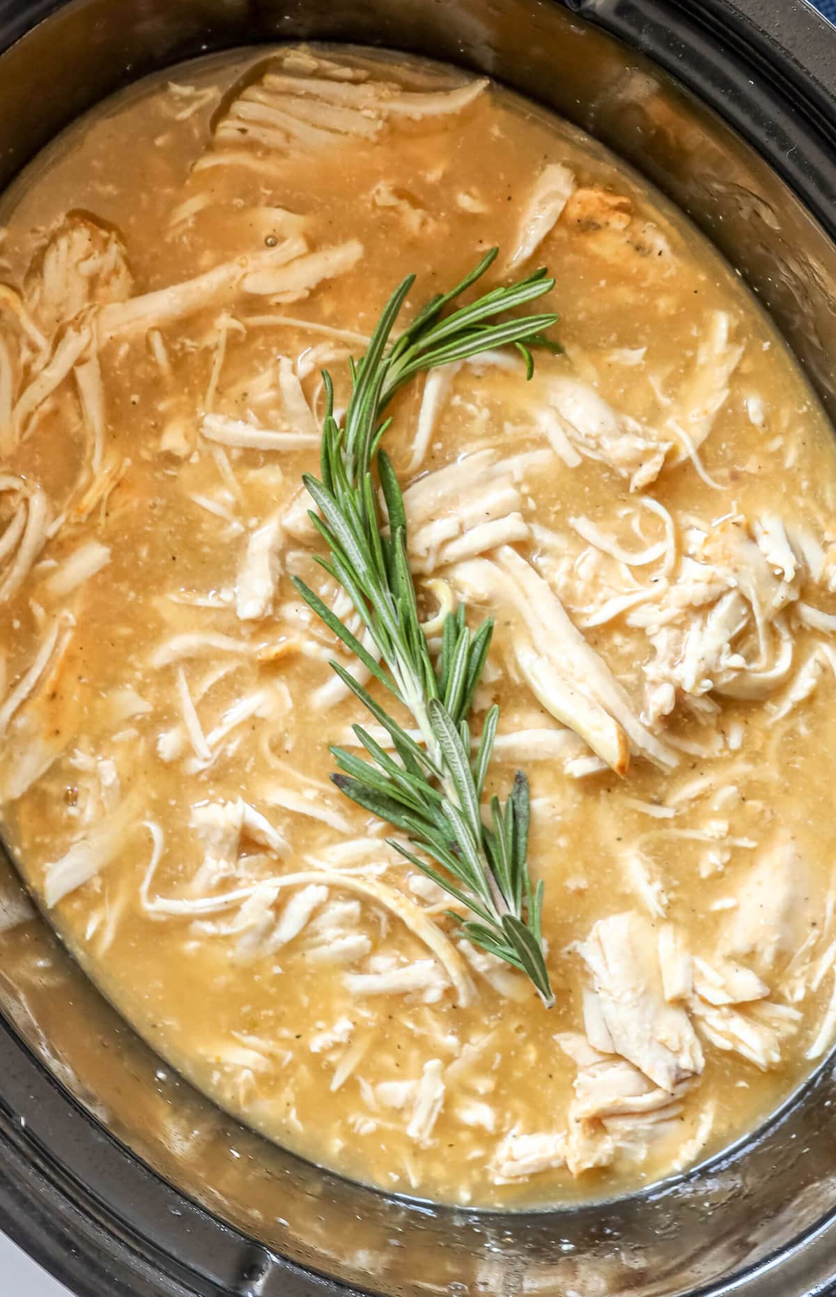picture of shredded turkey in a slow cooker with gravy and a sprig of rosemary