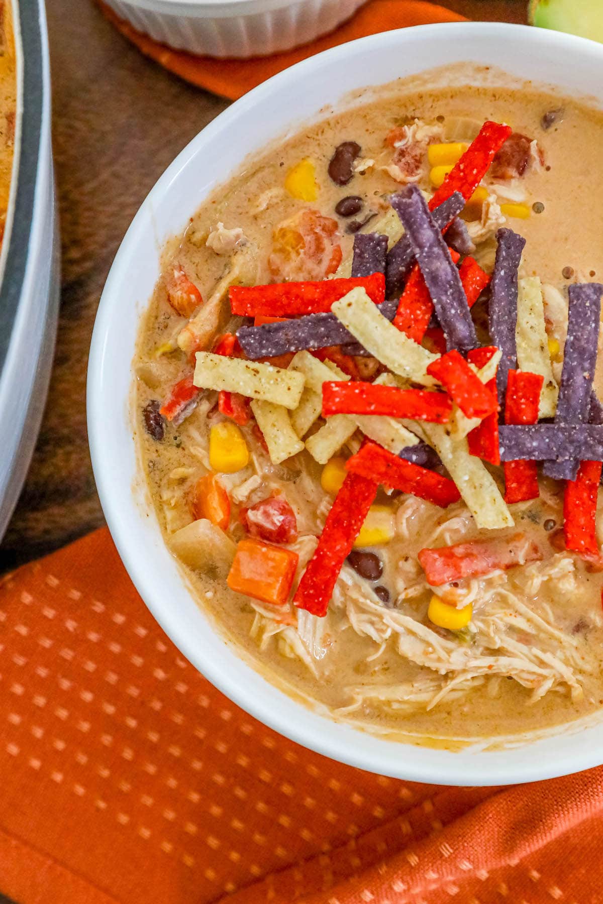 creamy chicken soup with beans, corn, rotel, and tortilla strips in a white bowl