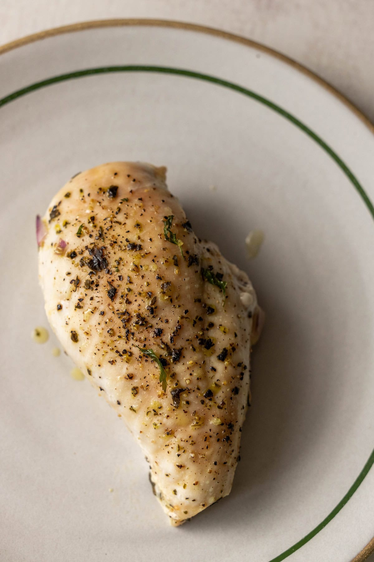 A single piece of seasoned and cooked chicken breast on a white plate with a green rim, showcasing The Best Easy Baked Chicken Breasts Recipe.