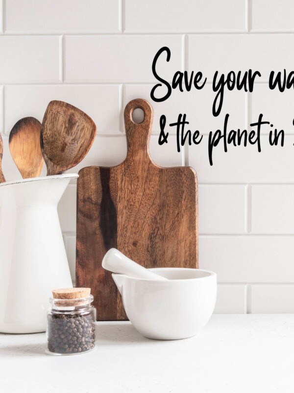 a kitchen with cutting board, mortar and pestle, and utensils with the text "save your wallet and the planet in 2023" over it