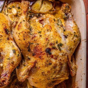roasted cornish game hens over slices of lemons, shallots, and roasted garlic cloves in a baking dish