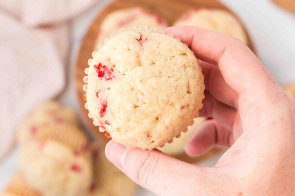 picture of a strawberry muffin up close.