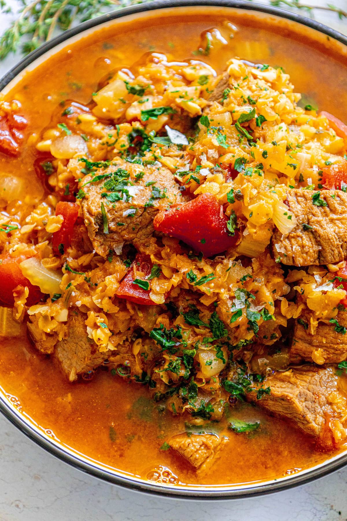 beef and lentil stew with diced herbs in a white bowl