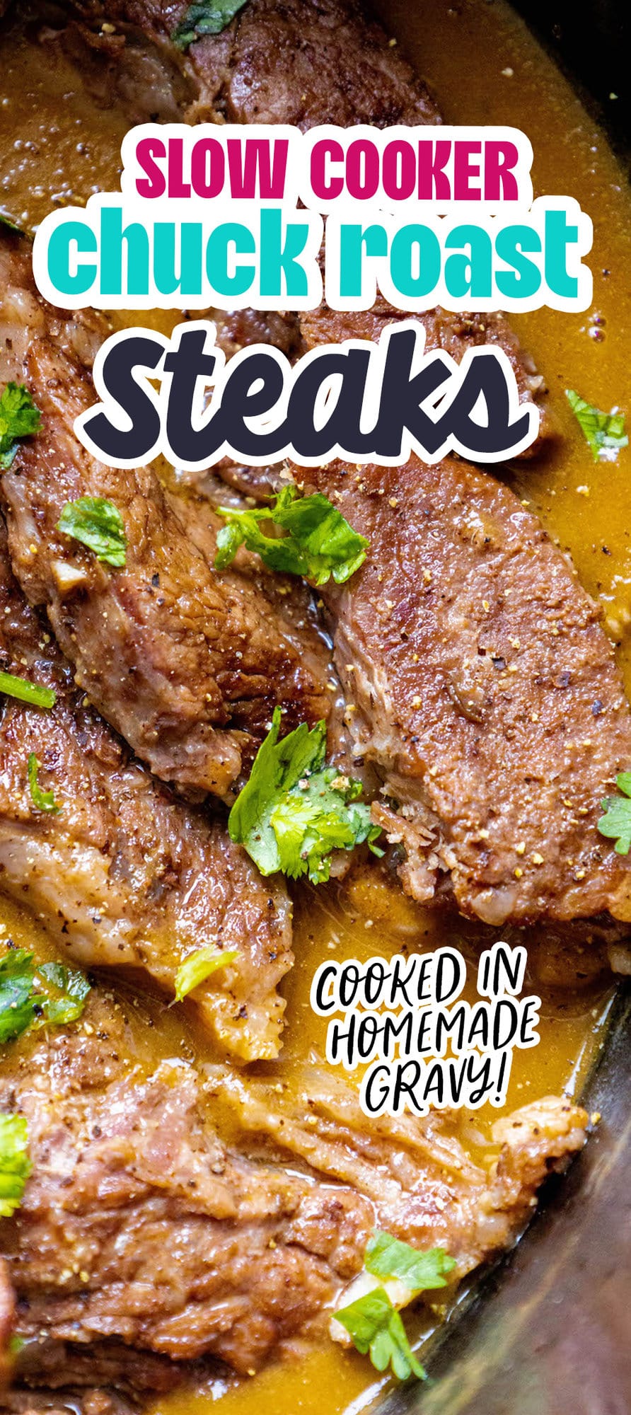 chuck roast steaks with gravy and parsley in a slow cooker