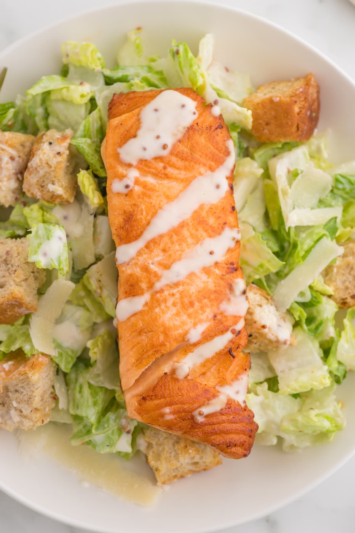 caesar salad with croutons in a white plate with a filet of salmon on top
