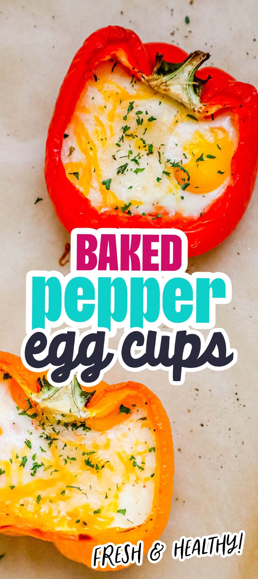 baked eggs inside half of a bell pepper with melted cheese and herbs on top