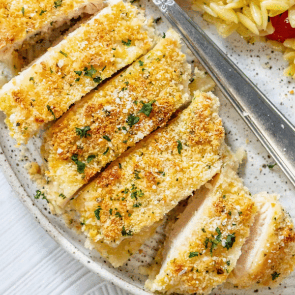 Sliced baked breaded chicken breast garnished with herbs on a plate, served with a fork and a portion of orzo pasta on the side for an easy baked chicken with crispy breading.