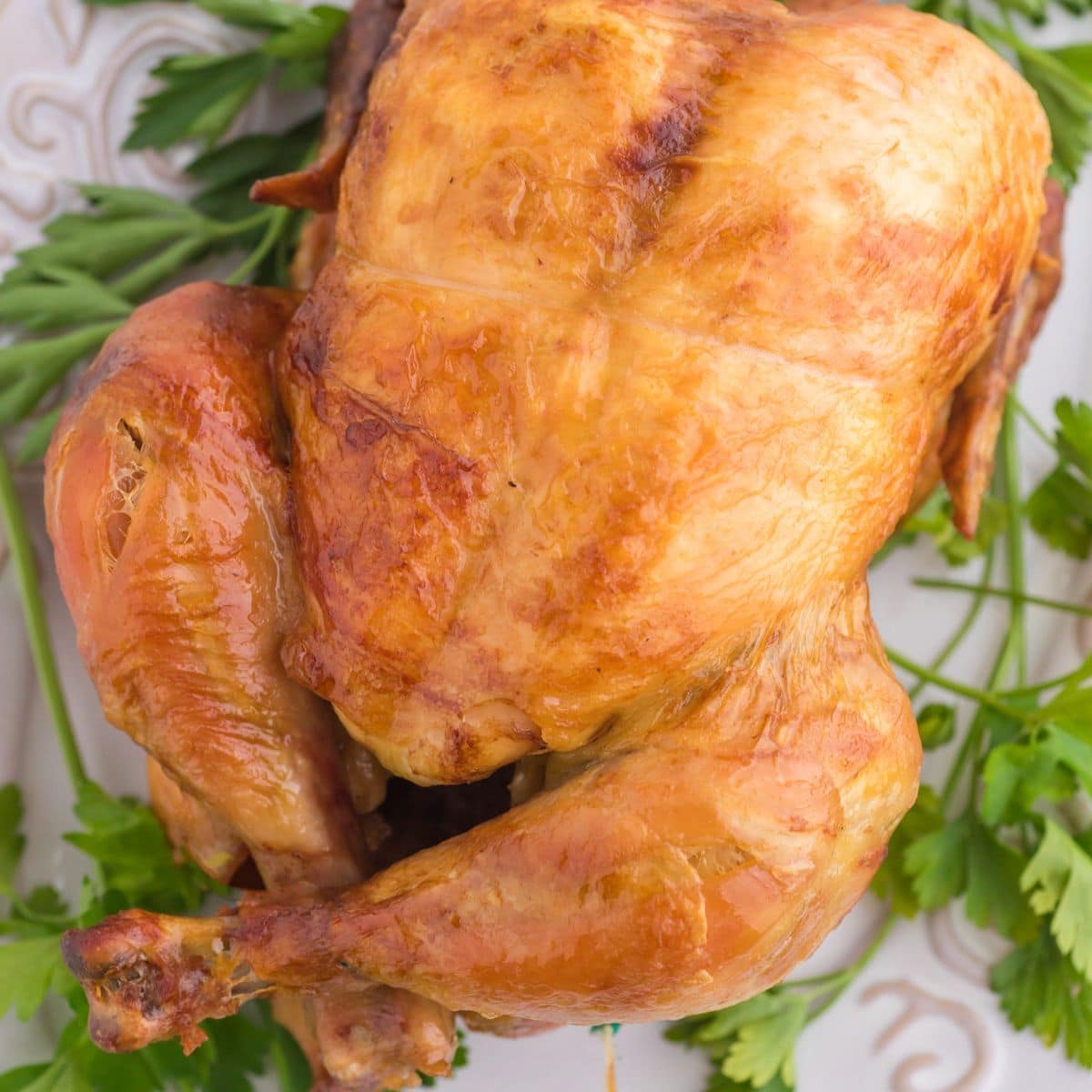 roasted whole chicken from an instant pot on a plate