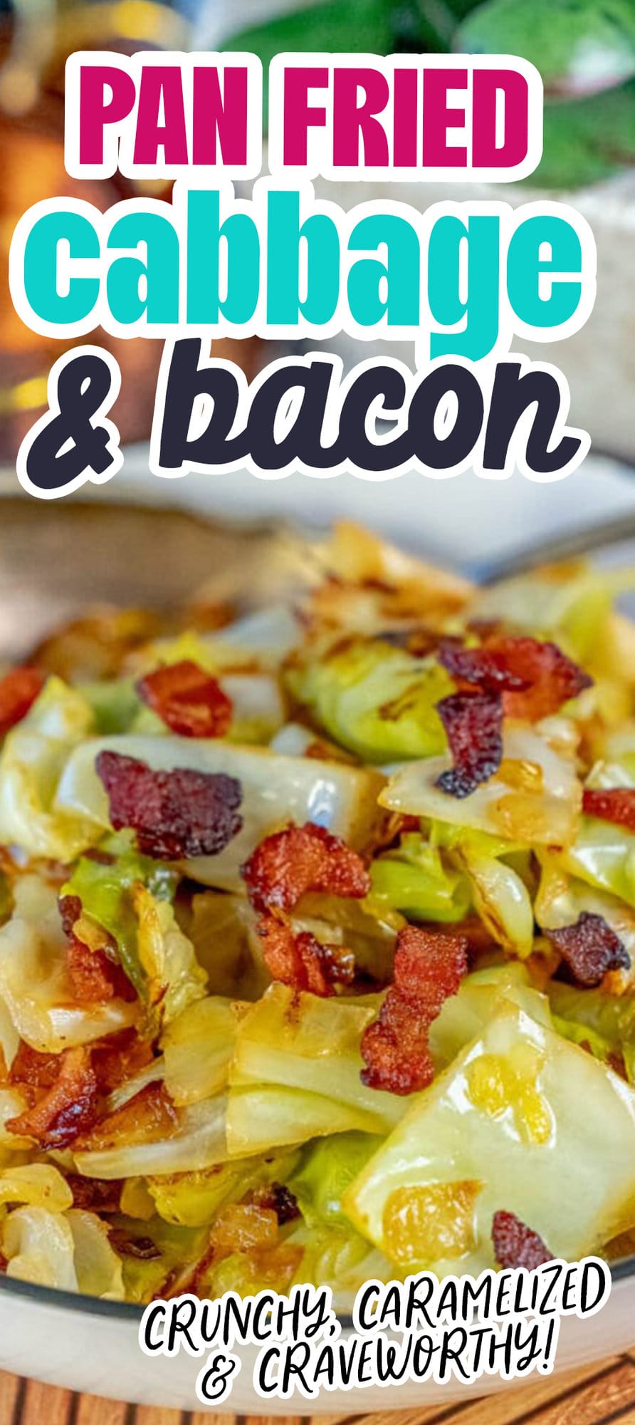 browned cabbage with crunchy bacon and onions in a white bowl 