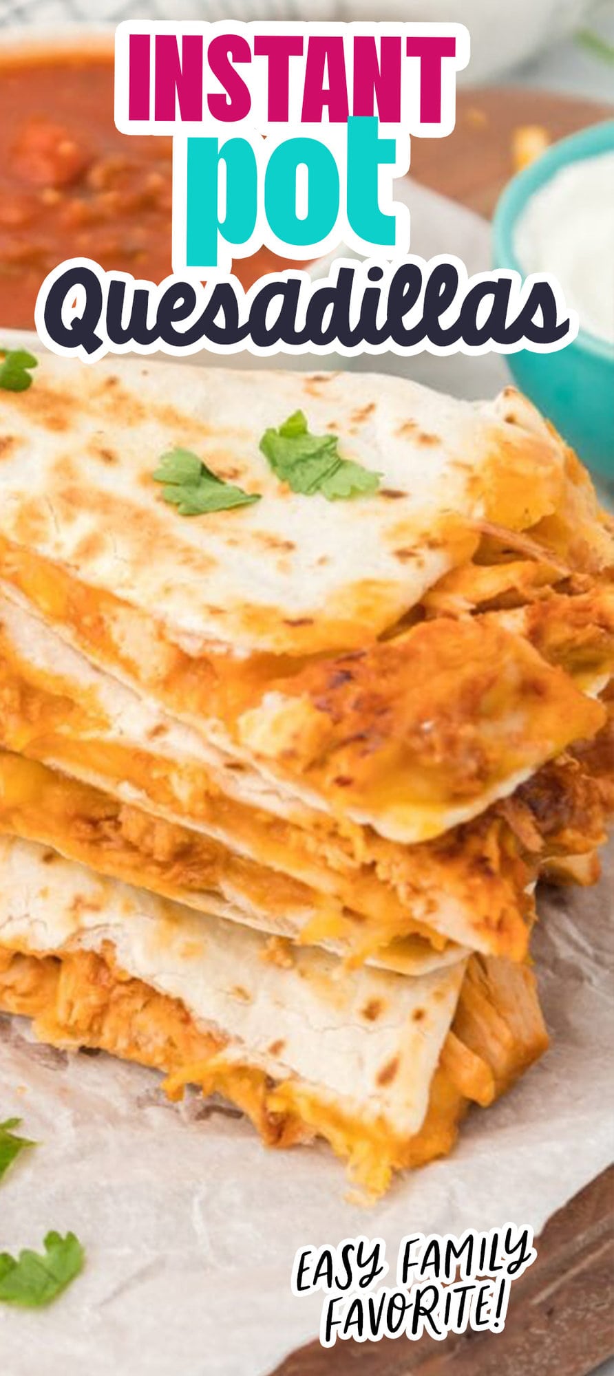 chicken quesadillas on a plate in front of an instant pot