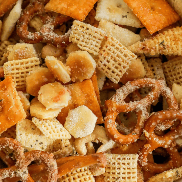 A bowl of Chex mix with pretzels and a savory ranch seasoning.