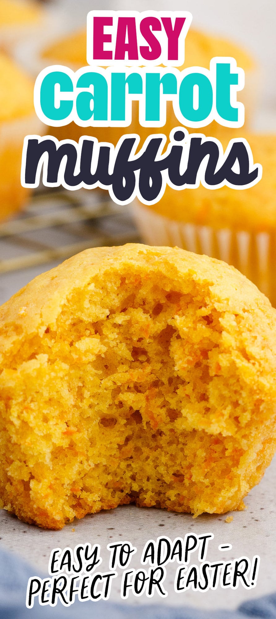a baked carrot muffin with a big bite taken out of it, showing the light airy texture of the muffin inside