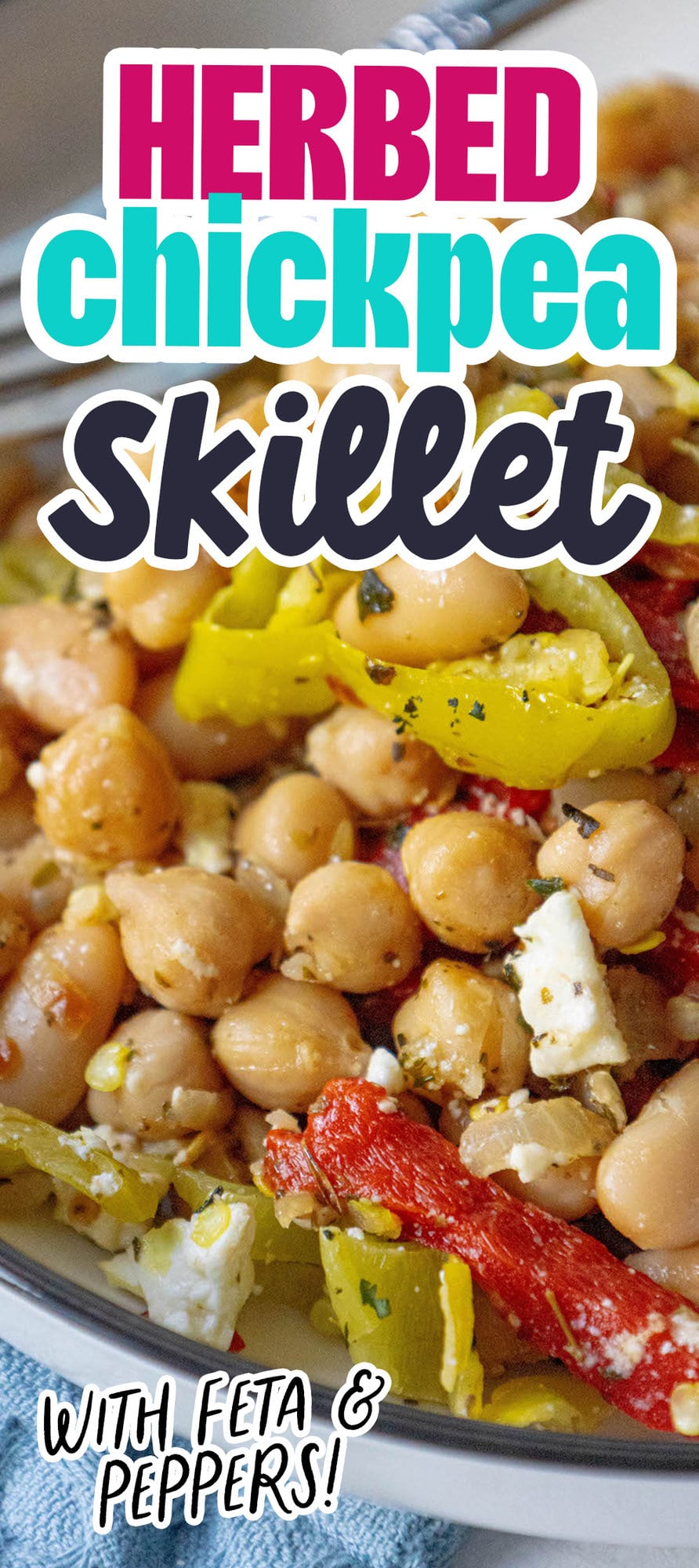 skillet with chickpeas, feta, herbs, red pepper strips, and onion
