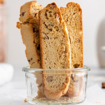 baked biscotti with pecan in a jar on a table