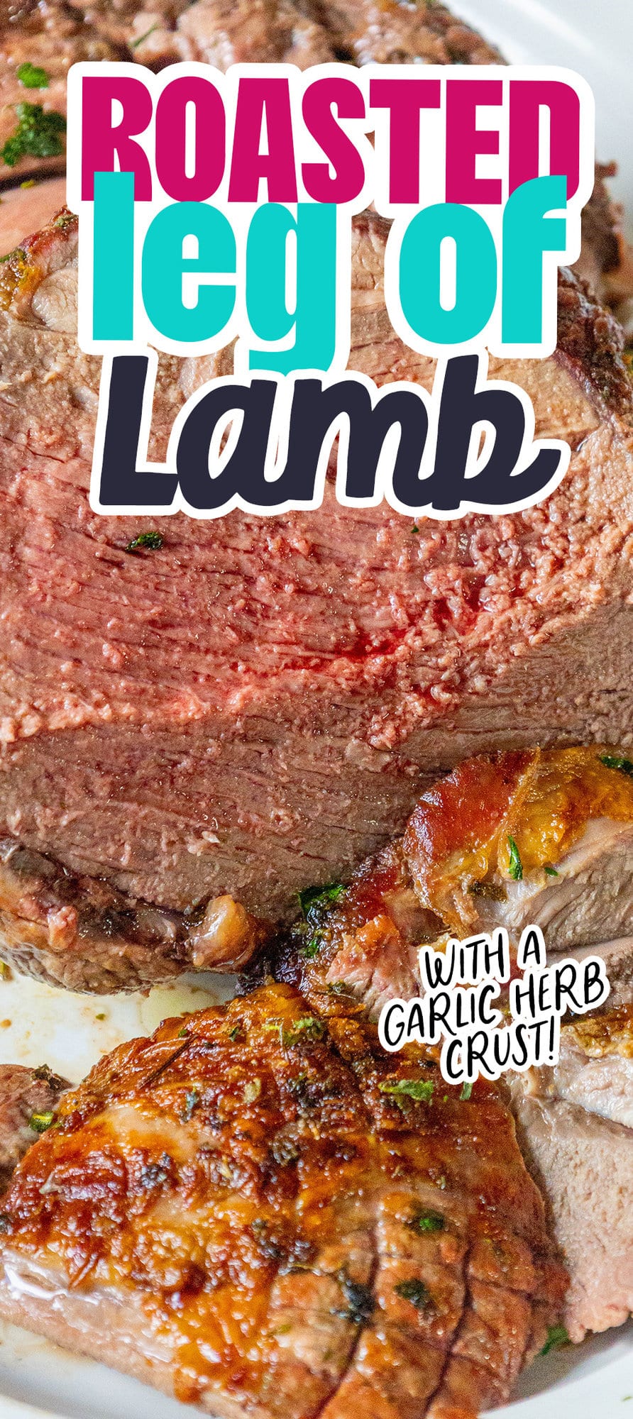 a roasted leg of lamb sliced open on a cutting board and topped with chopped herbs
