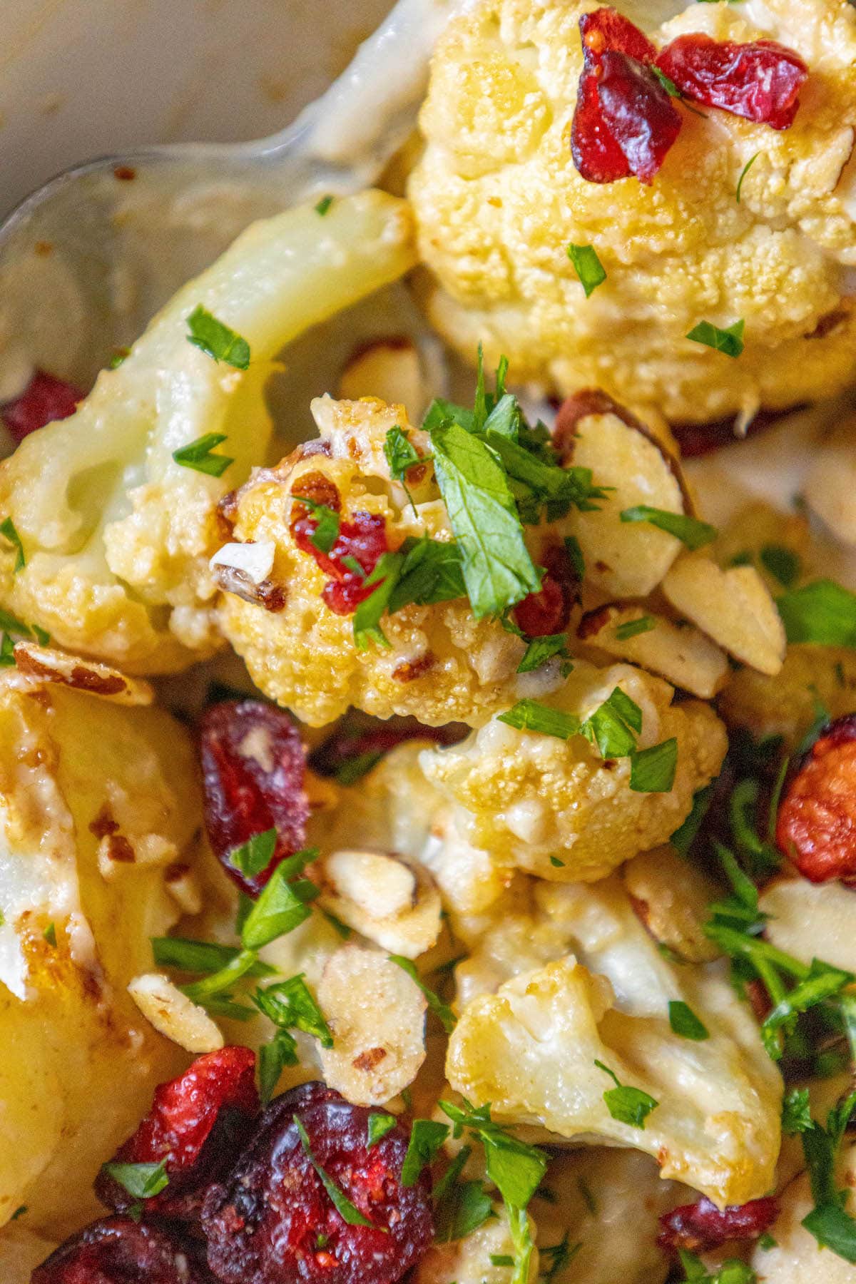 roasted cauliflower tossed in tahini sauce with cranberries, almonds, and chopped parsley in a white dish 
