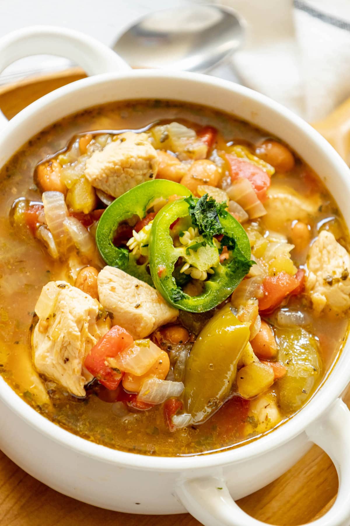 chicken stew with diced chicken breasts, tomatillos, onions, pinto beans, diced tomatoes, and sliced jalapeños on top