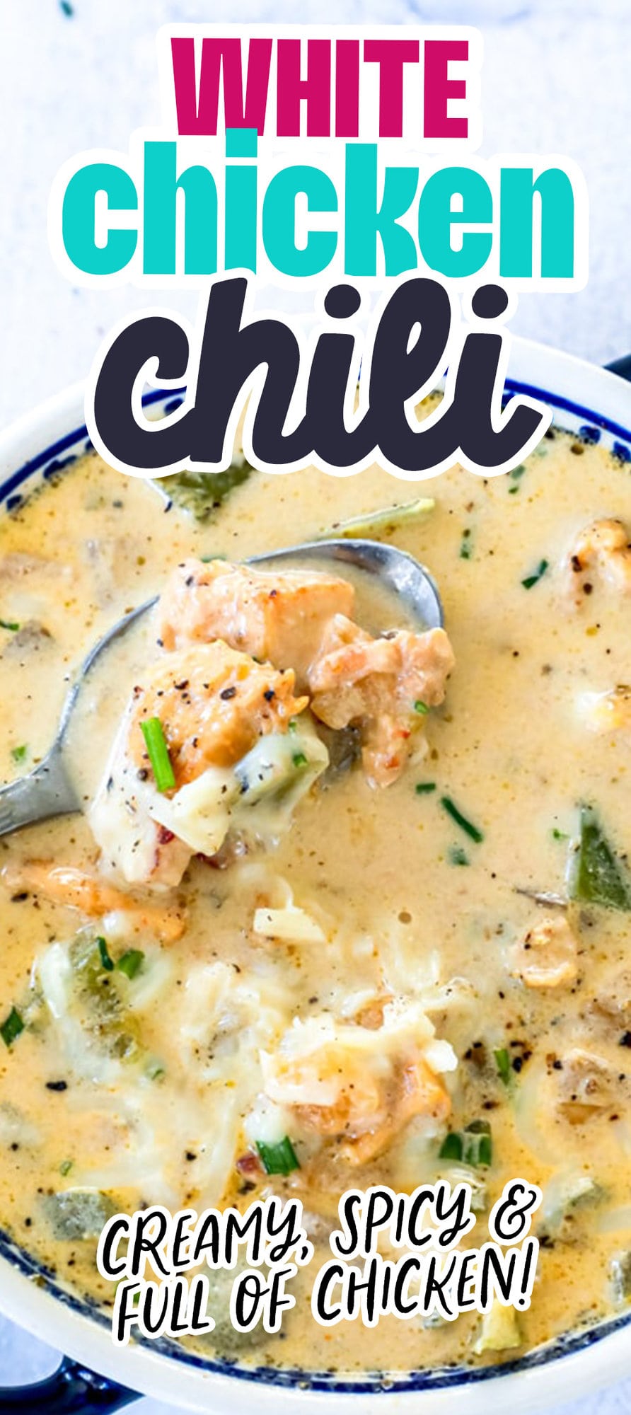 white chicken chili in a bowl with a spoon picture