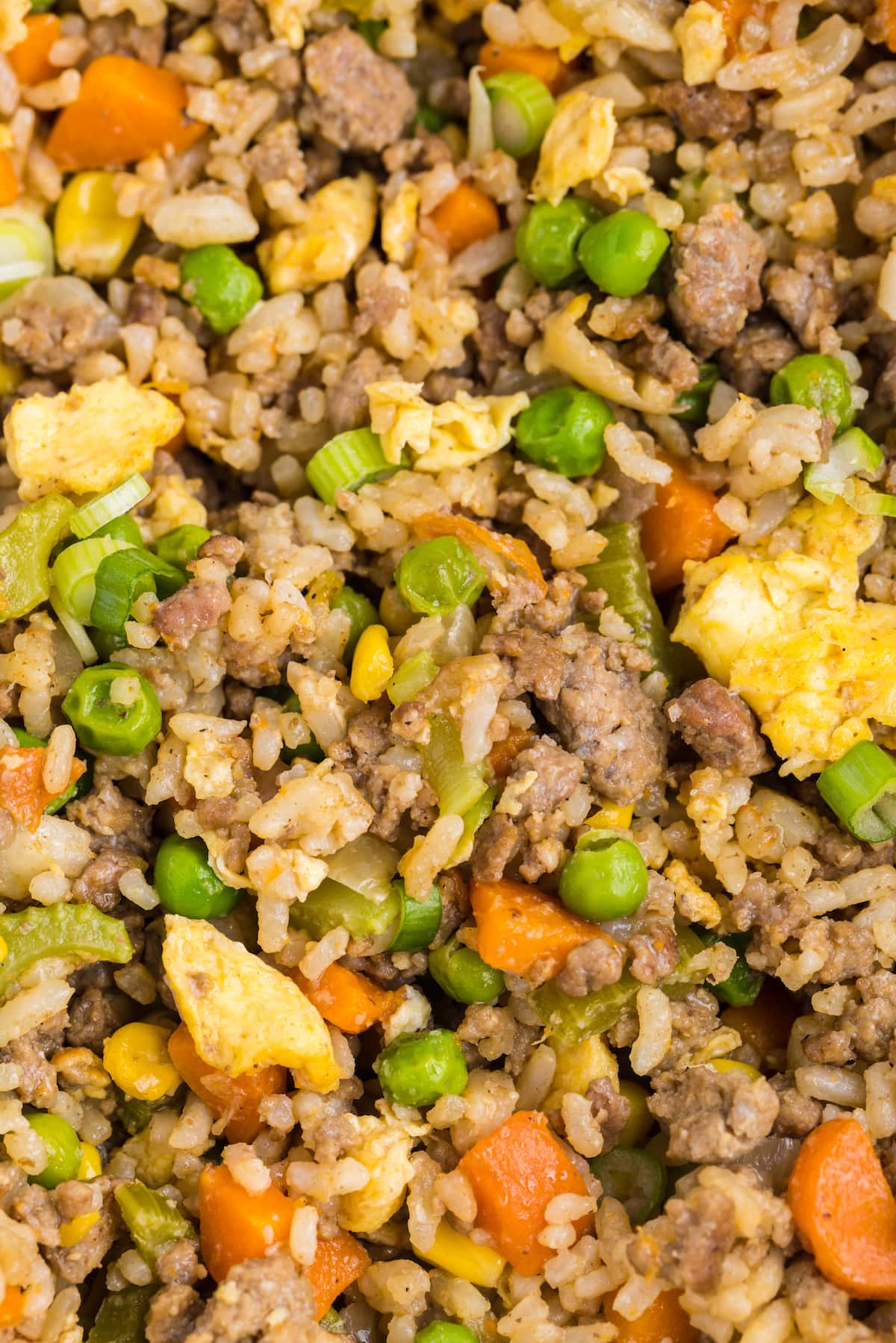 ground beef fried rice with carrots, peas, corn, and green onions 
