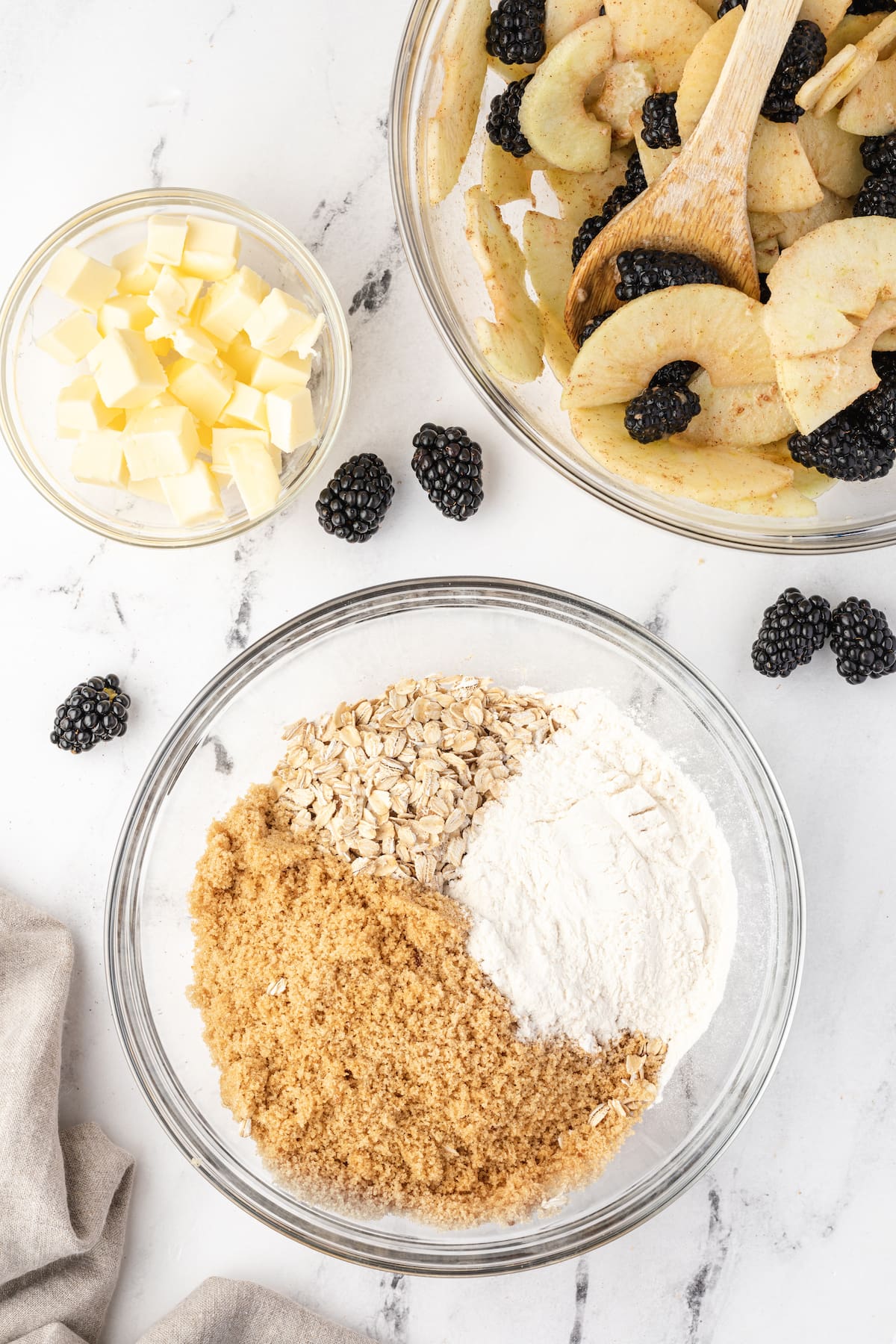 Blackberry crumble ingredients in a bowl.
