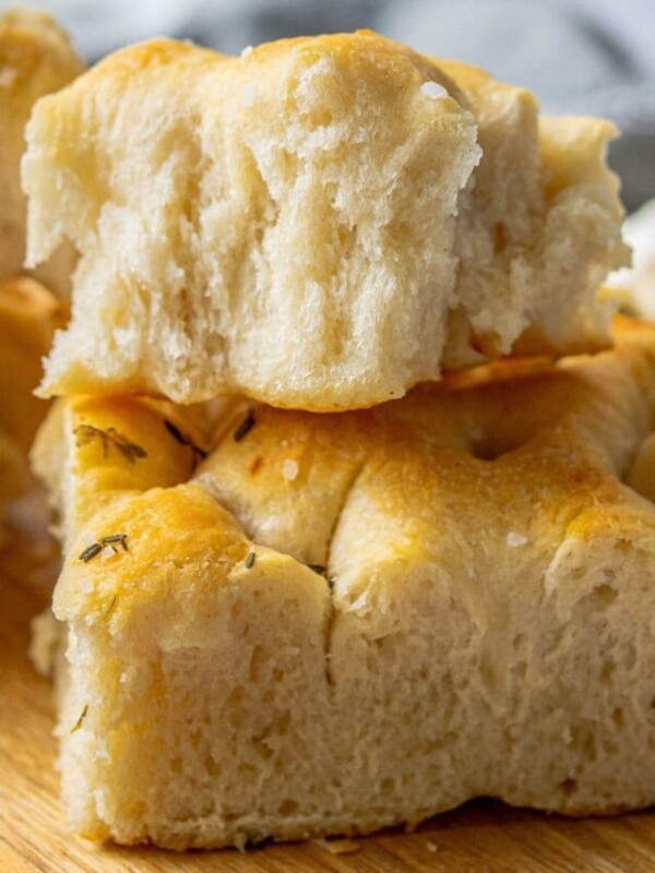 sliced focaccia on a cutting board