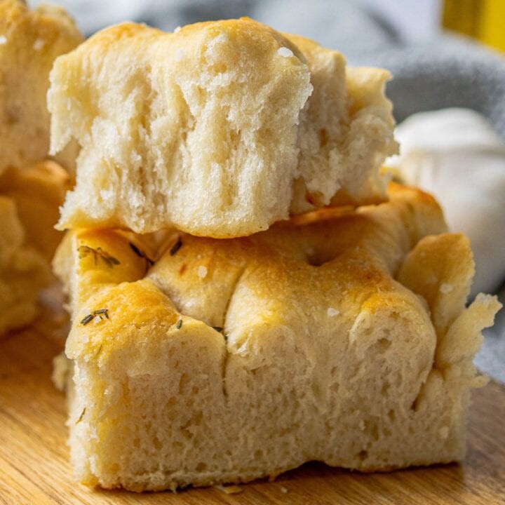 sliced focaccia on a cutting board