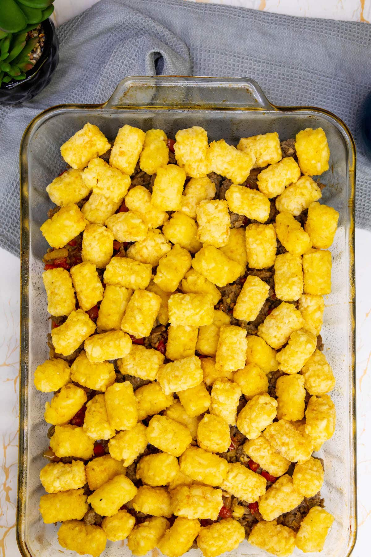 tater tots and vegetables in a baking dish