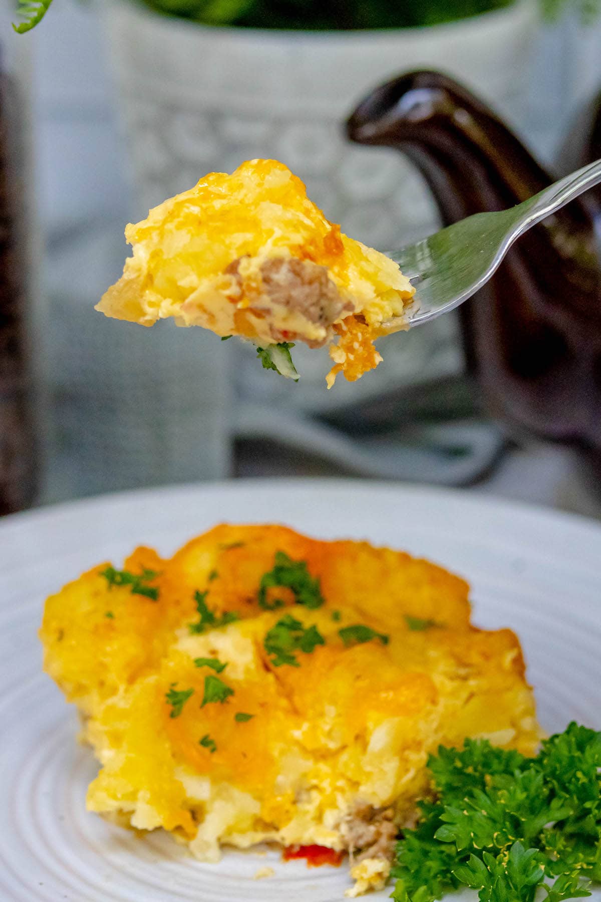 cheesy baked tater tot casserole on a white plate