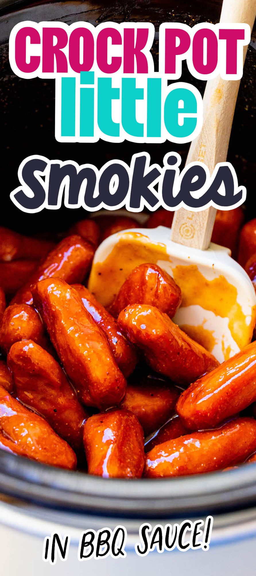 little smokies in bbq sauce in a blue bowl in front of a crock pot on a table