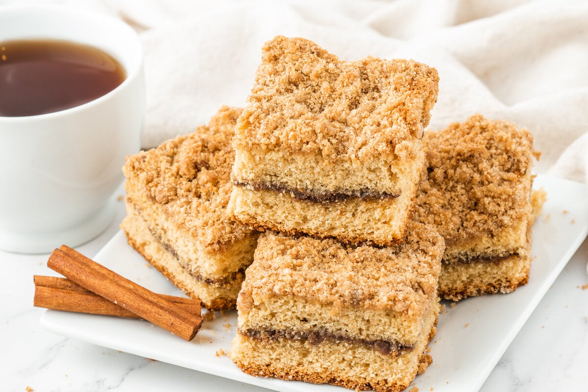 coffee cake slices stacked on a table