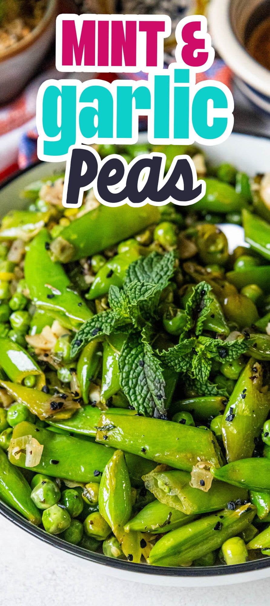 Sautéed peas, snap peas, diced onion, and mint in a white bowl