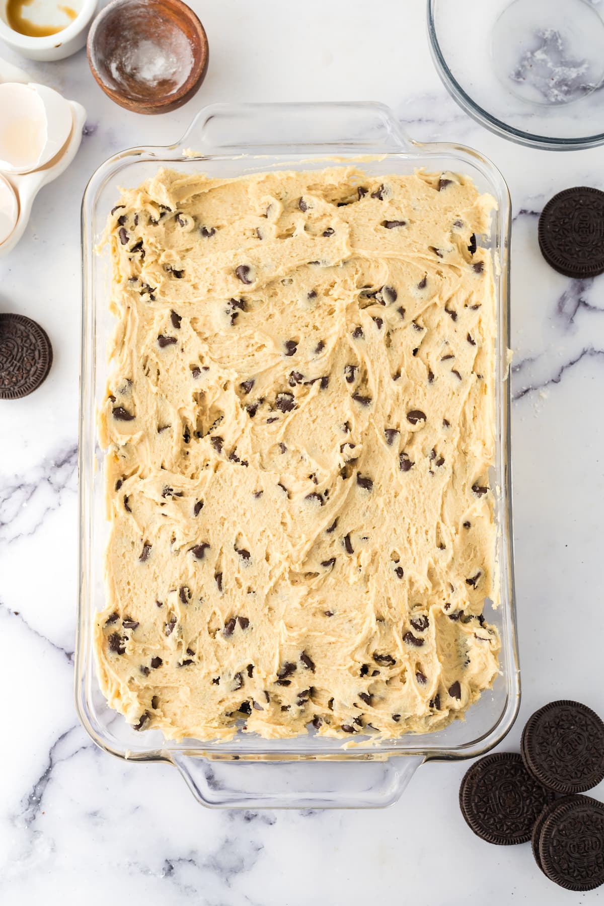 Cookie dough dish stuffed with Oreos.