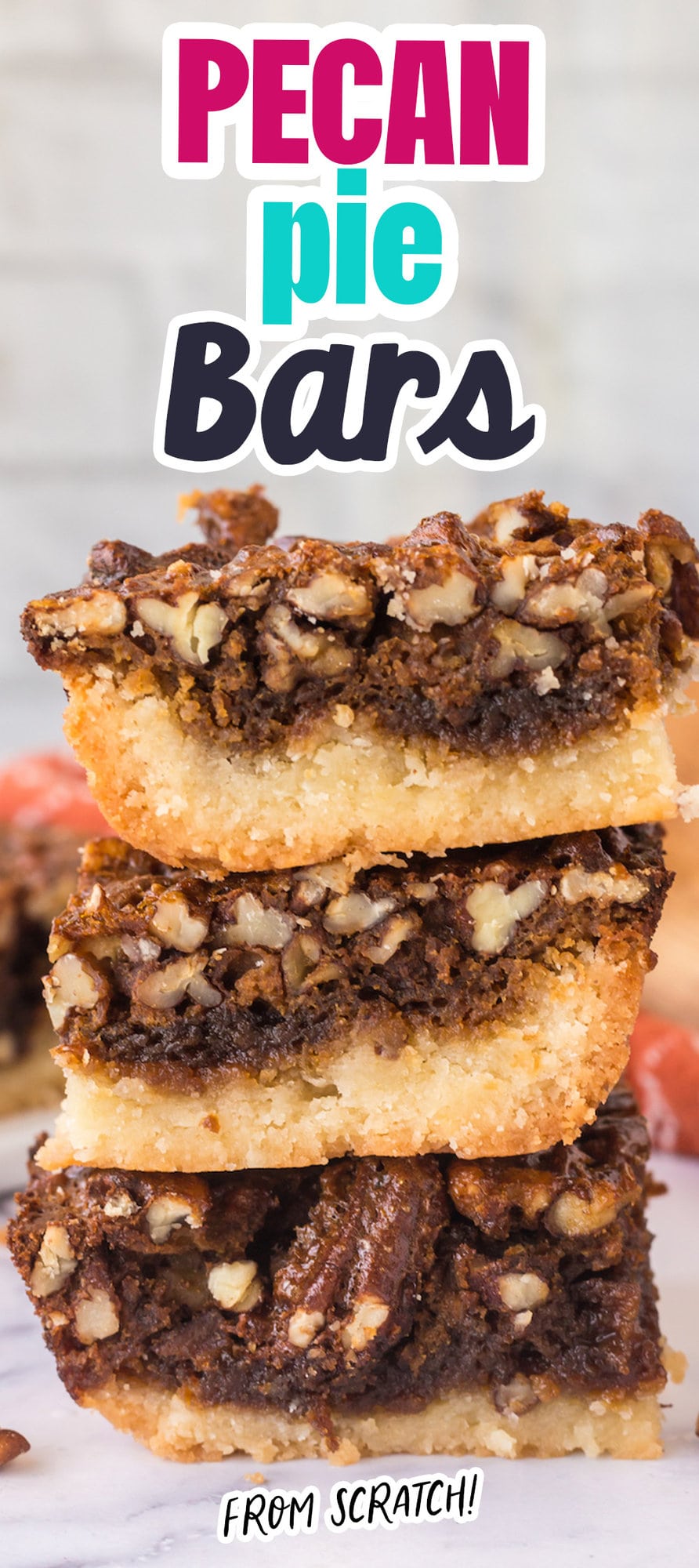 pecan pie bar stacked on top of each other