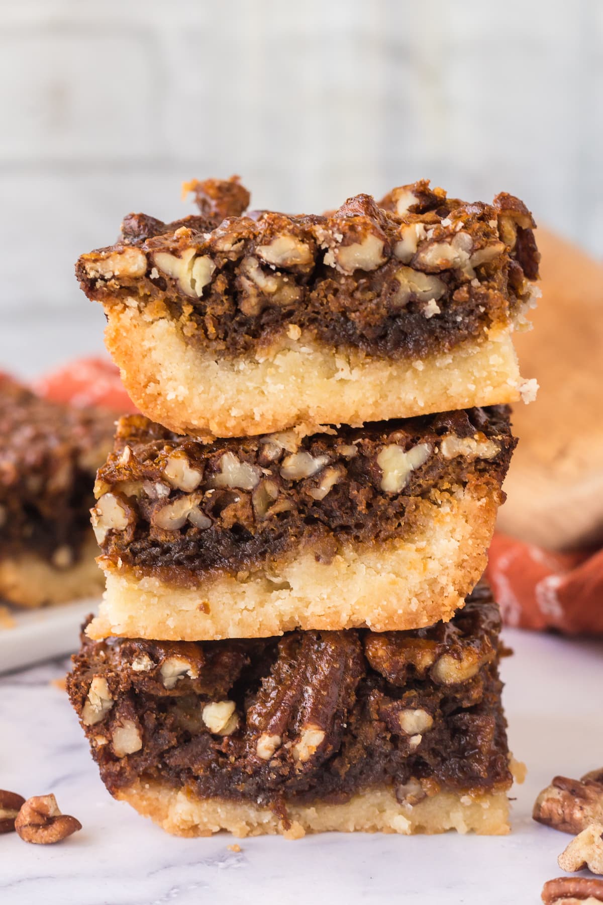 pecan pie bar stacked on top of each other