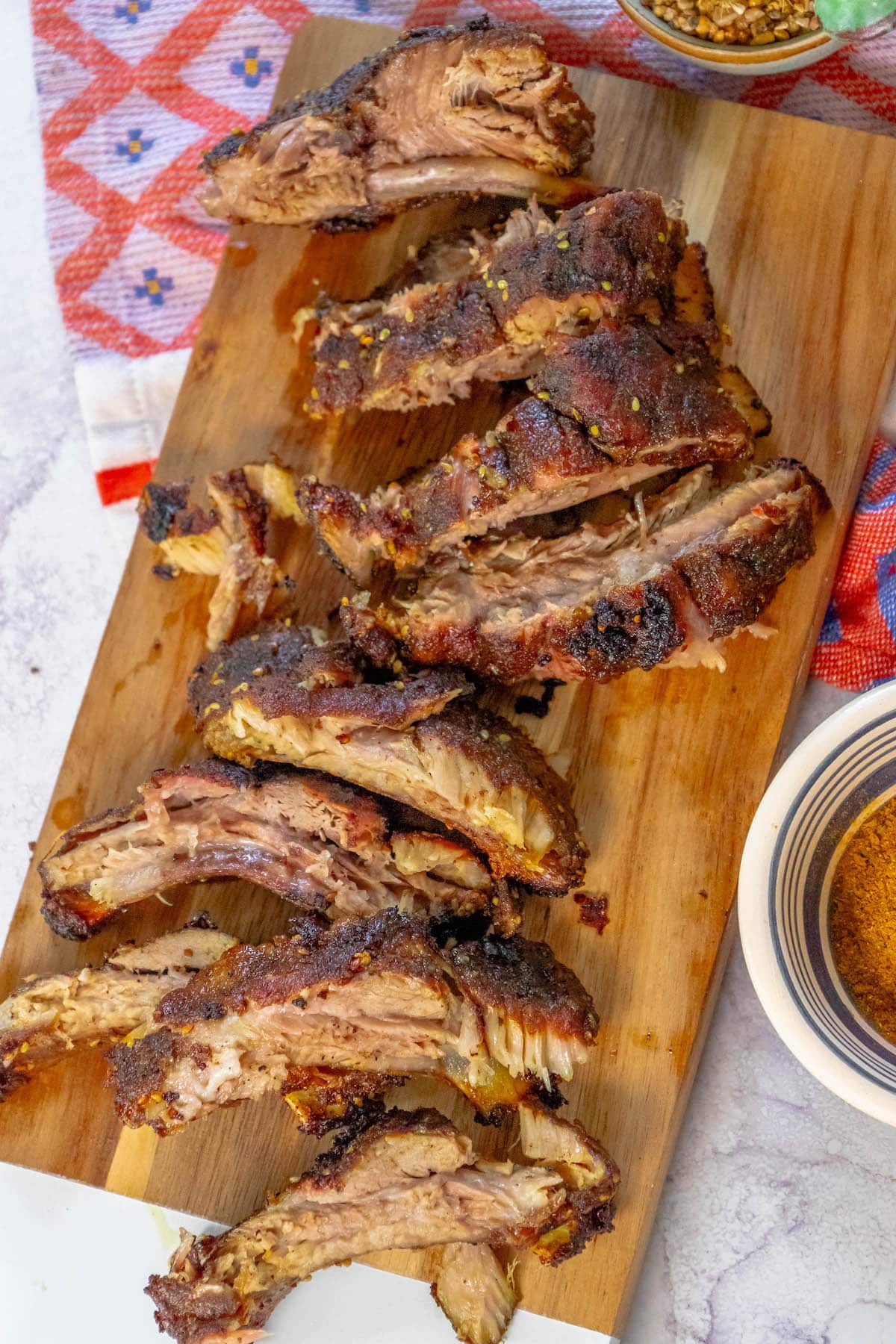 ribs baked with shawarma rub on a cutting board