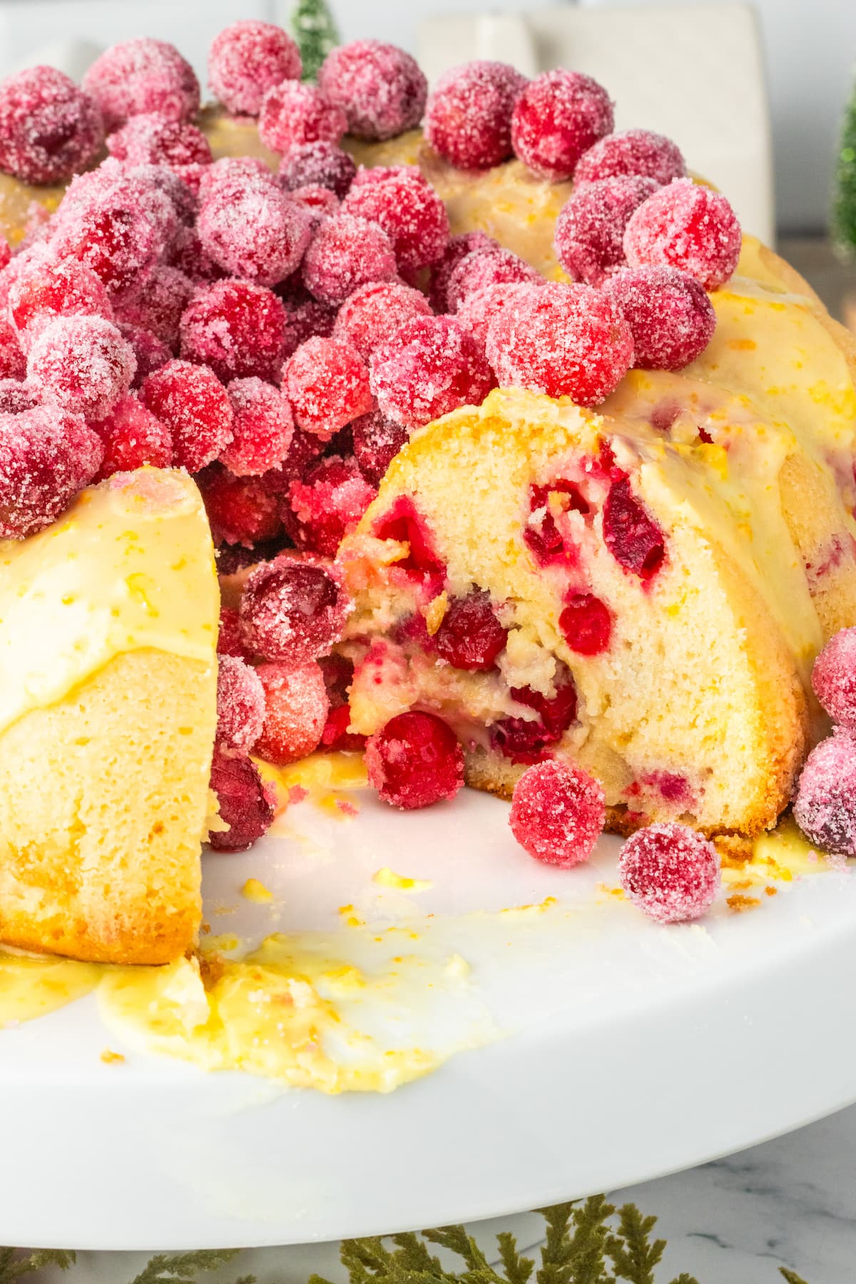 sliced orange cake with candied cranberries on it and some on the side