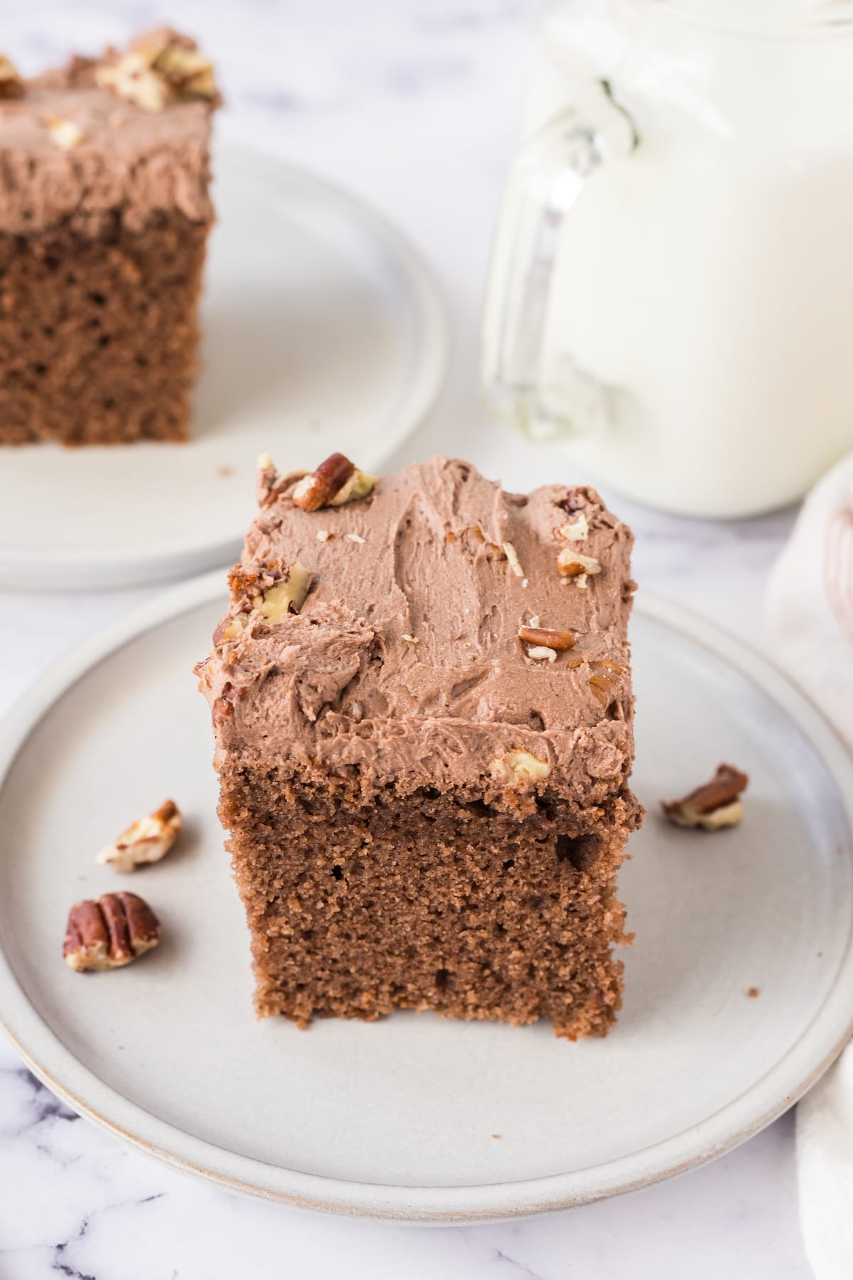 chocolate cake with chocolate icing topped with nuts on a white plate
