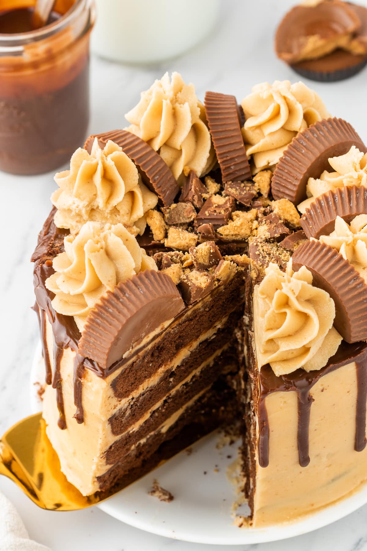 chocolate cake layered with ganache, peanut butter frosting, and peanut butter cups on top on a white plate