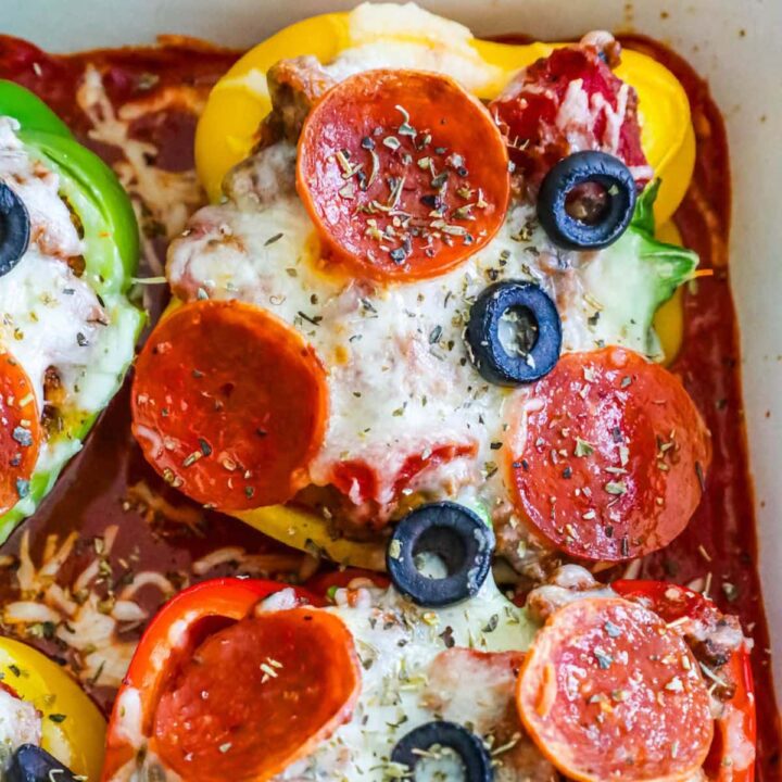 baked bell peppers with pizza toppings inside