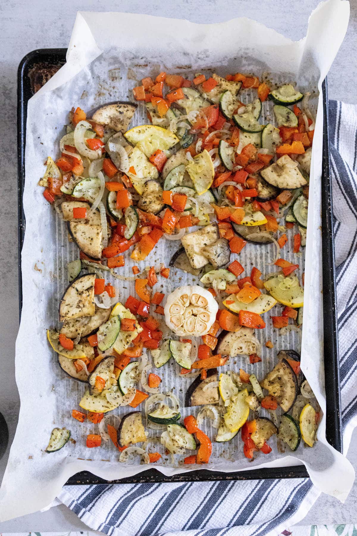 roasted vegetables on a sheet pan