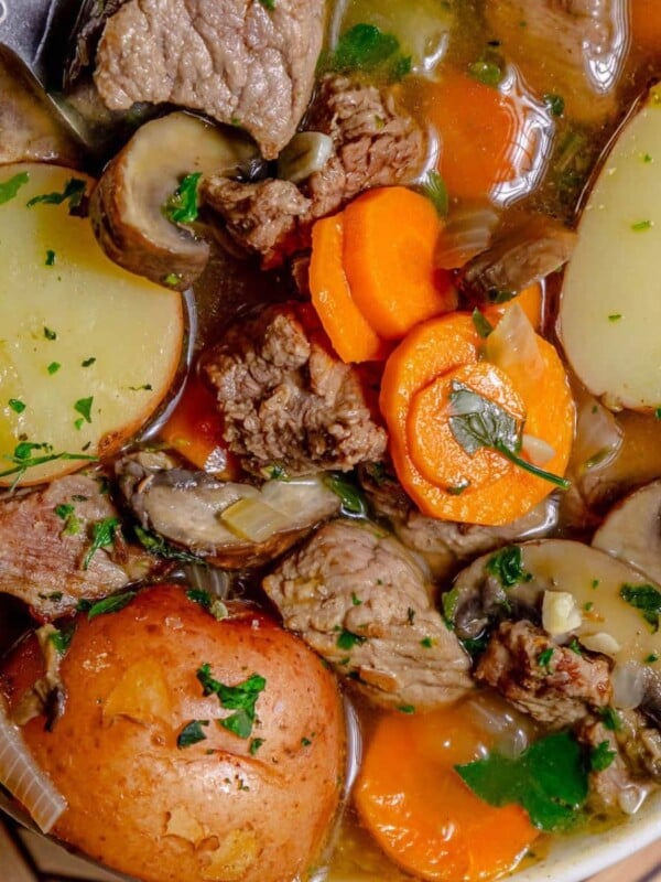 A hearty beef stew with tender steak, potatoes, and carrots cooked in flavorful IPA beer.