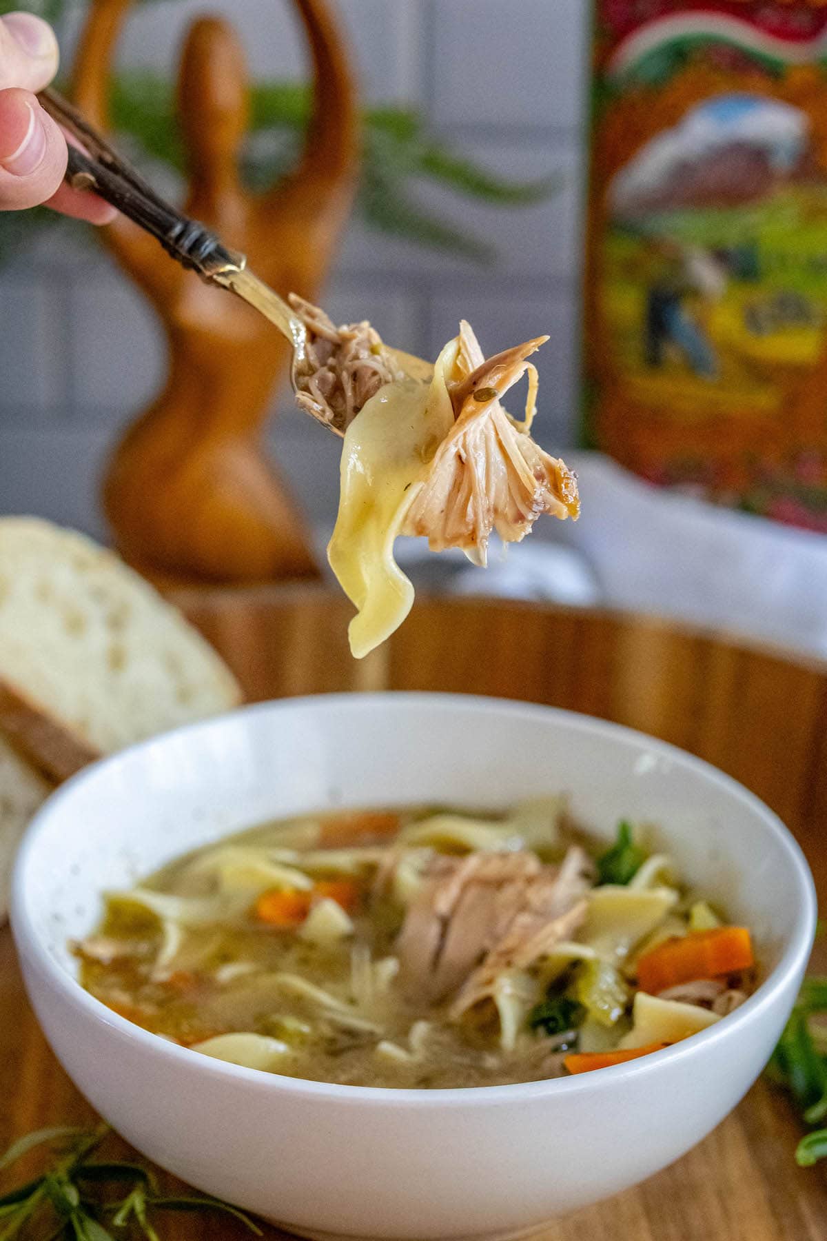 egg noodles, turkey, spinach, carrots, celery, and stock in a bowl, noodle and turkey on a spoon