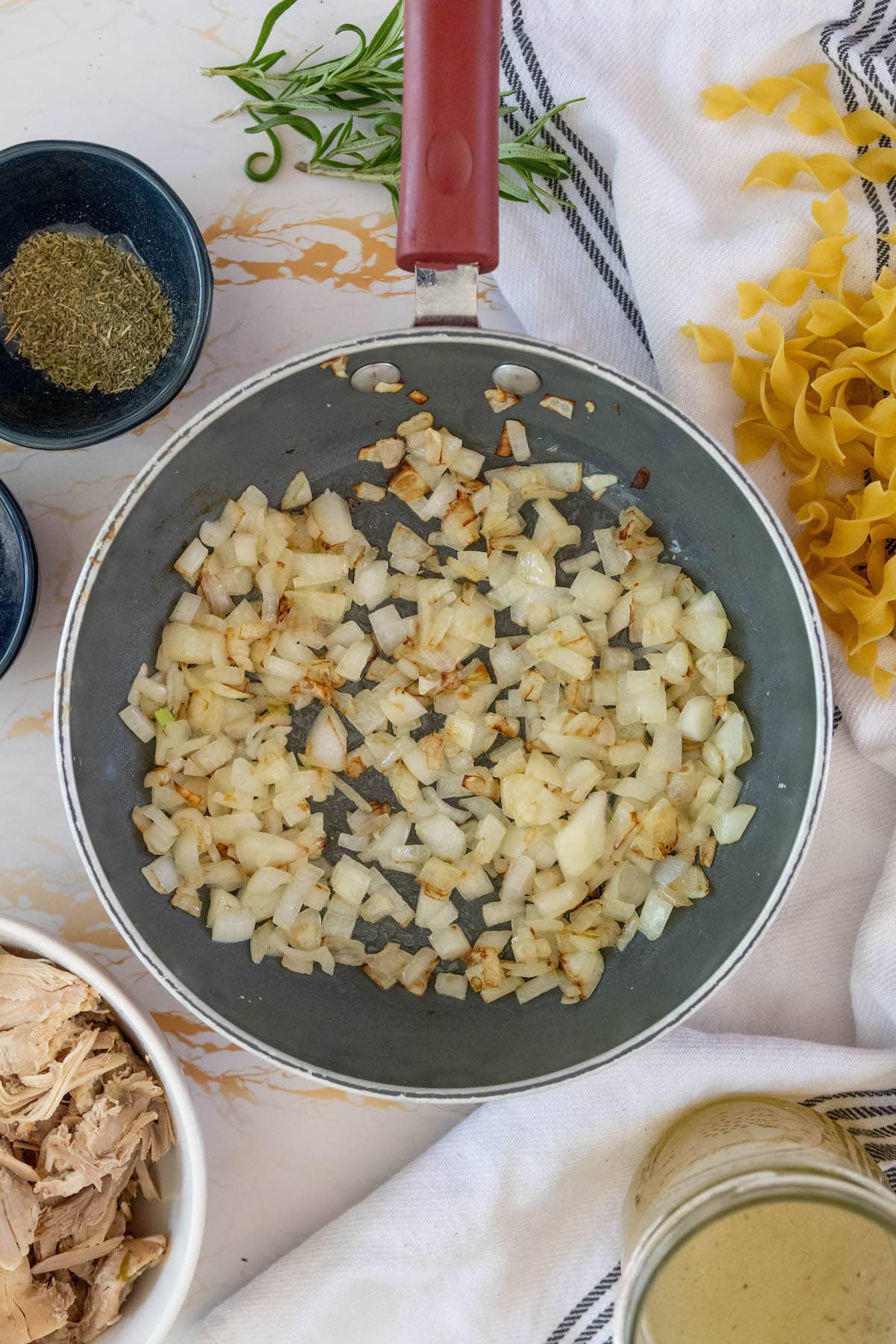 pan with onions and garlic sautéed in it