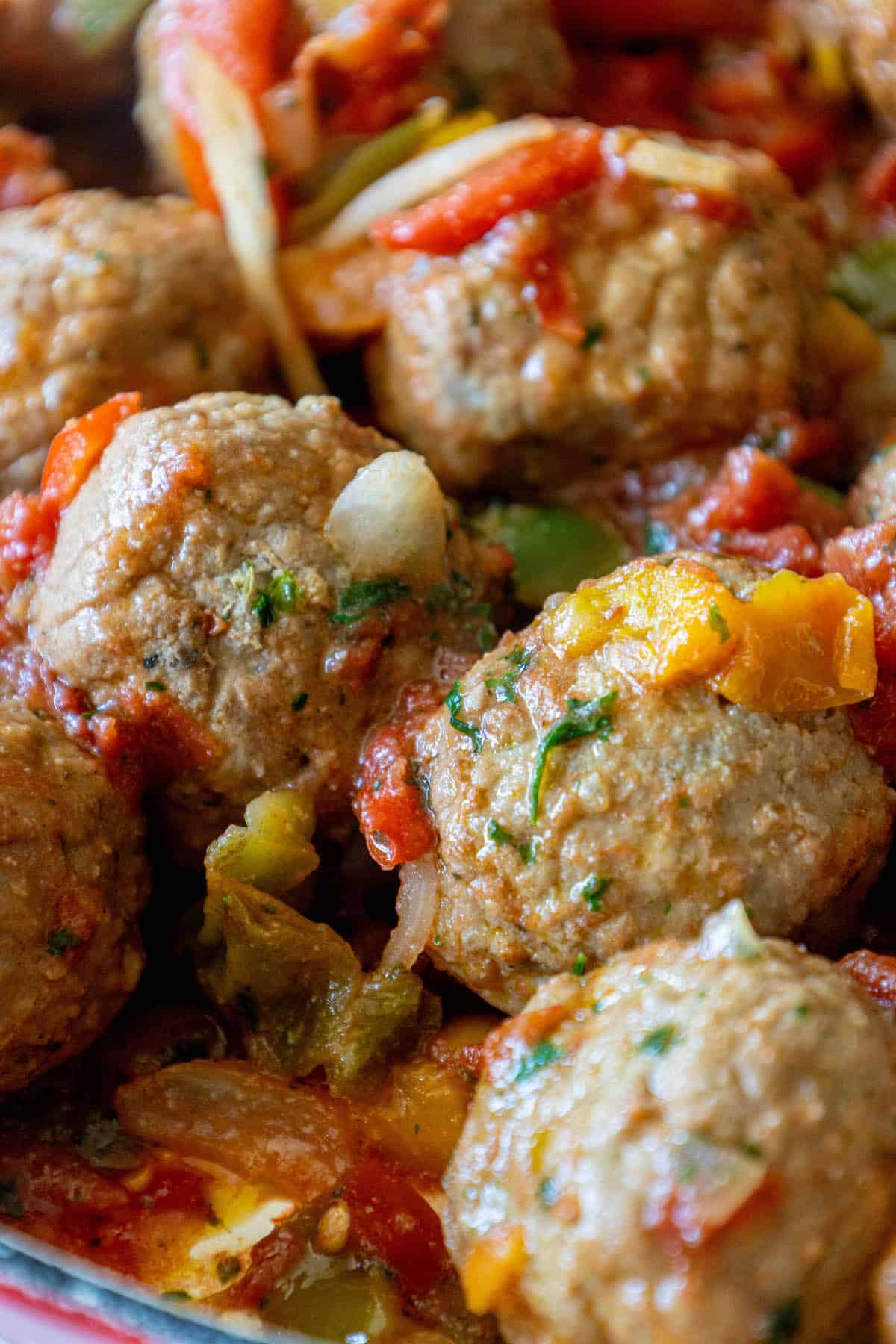 Cheesy Italian Meatball Skillet with tomatoes and peppers.