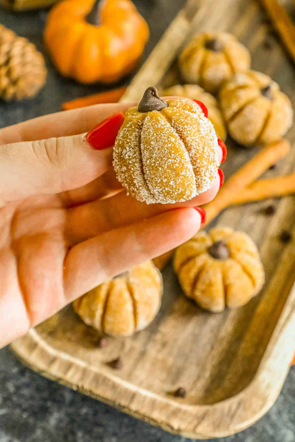 A hand holding a pumpkin cookie.