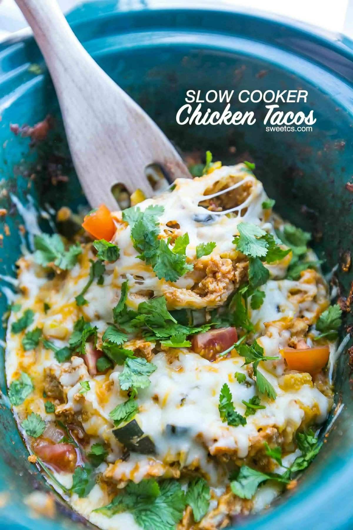 Slow cooker chicken tacos in a bowl.